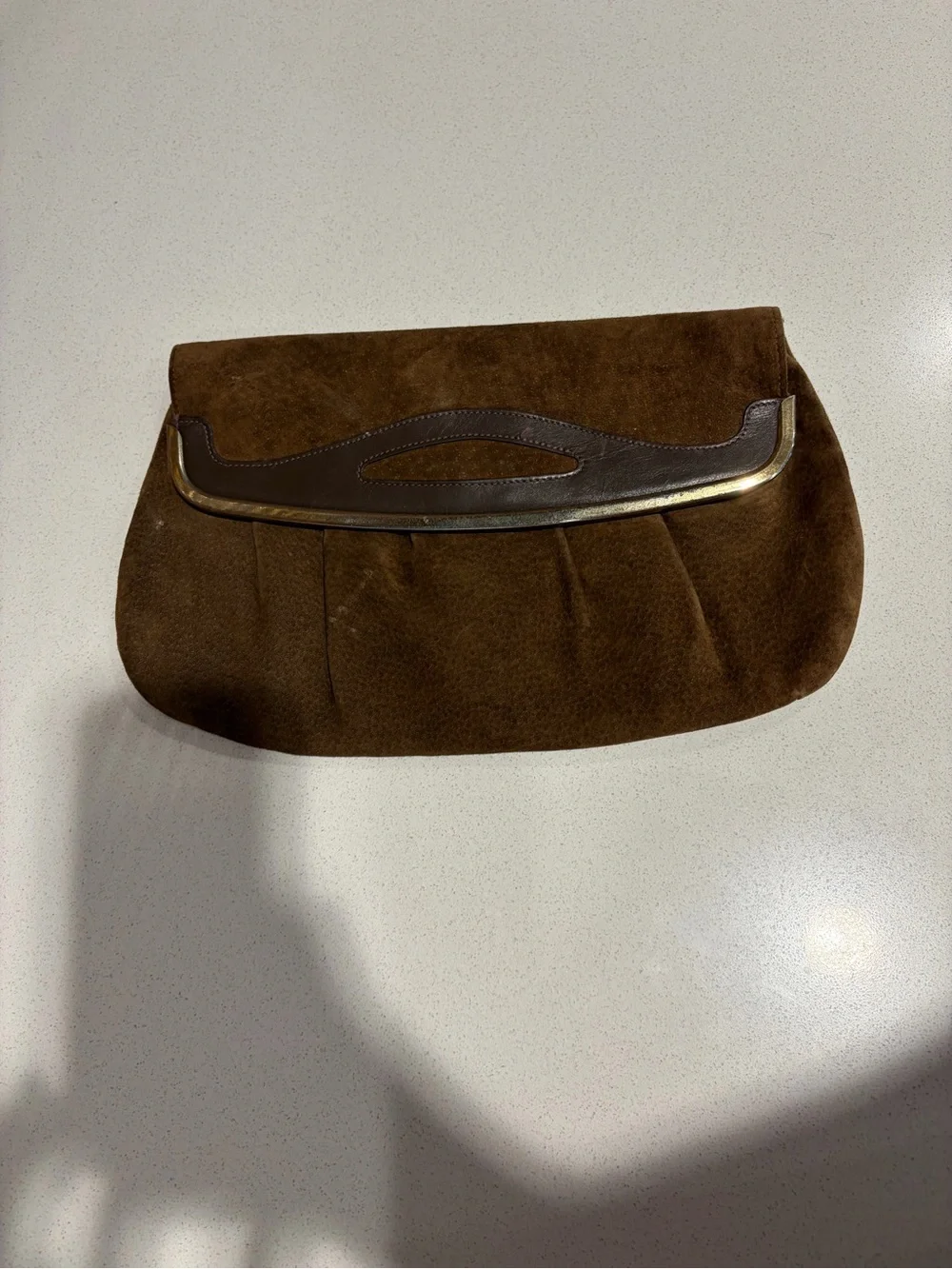 Vintage Suede Fold-Over Clutch with Leather Handle in Brown